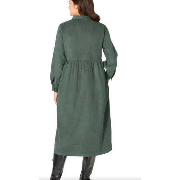 Woman Within Plus Size 24W Green Corduroy Long Sleeve Button Up Dress Modest - Picture 2 of 8
